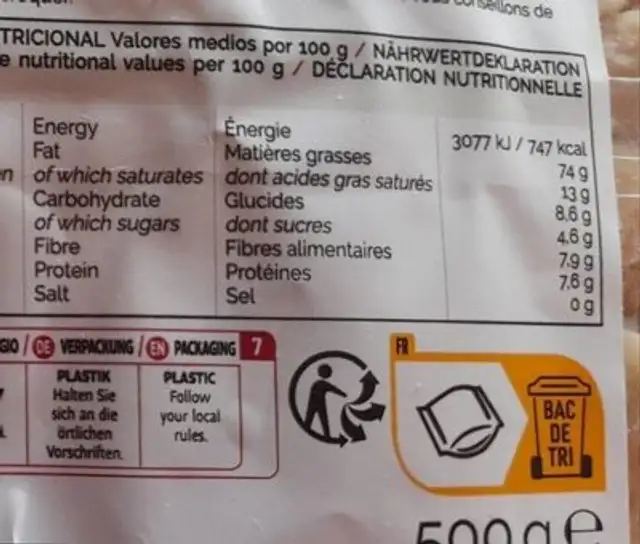Noci macadamia nutrition facts table
