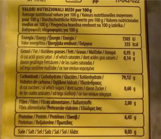 Le veneziane nutrition facts table