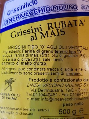 Gressini rubata al mais ingredients label