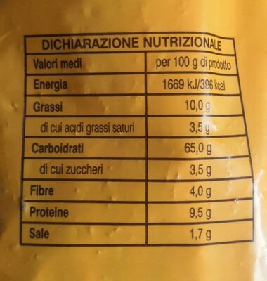 GRISSINI Rubata' nutrition facts table