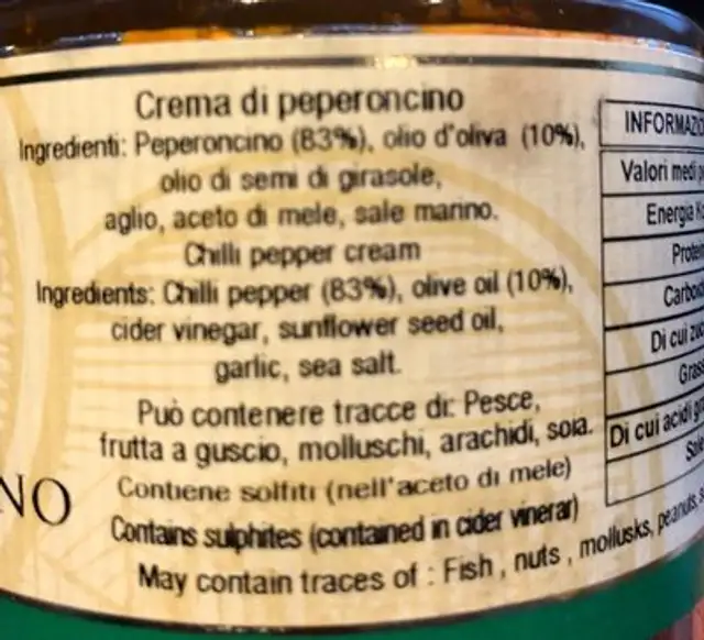 Crema di peperoncino ingredients label