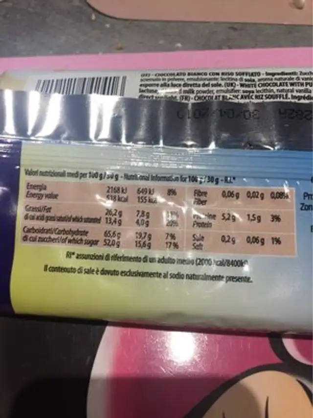 Cioccolato bianco con riso nutrition facts table