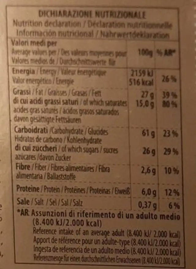 FERRI DI CAVALLO AL CIOCCOLATO nutrition facts table