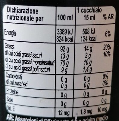 Olio extravergine Zagare nutrition facts table