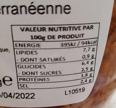 Fantaisie méditerranéenne nutrition facts table