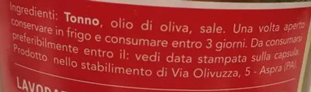 Filetti di tonno ingredients label