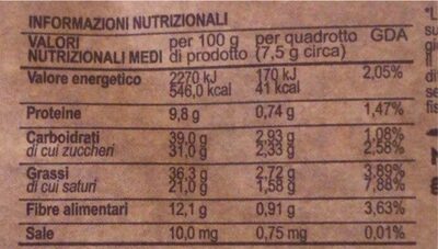 Fondente 70% cacao nutrition facts table