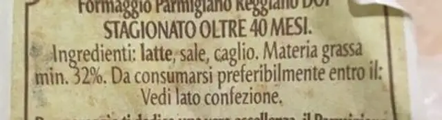 Parmigiano Reggiano ingredients label