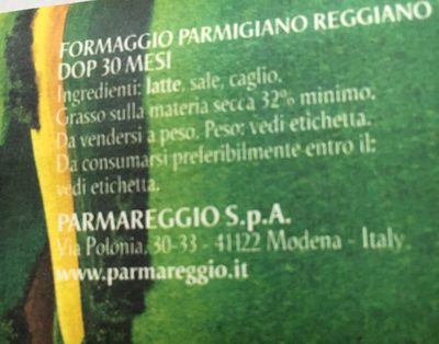 Parmigiano Reggiano 30 Mois D. o. p ingredients label