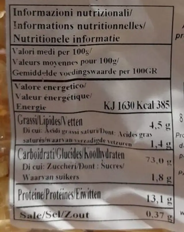 Tagliatelle nutrition facts table