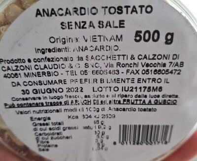 Anacardi tostati senza sale front packaging