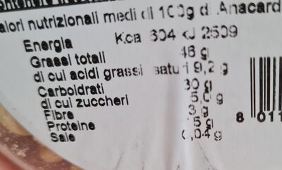 Anacardi tostati senza sale nutrition facts table