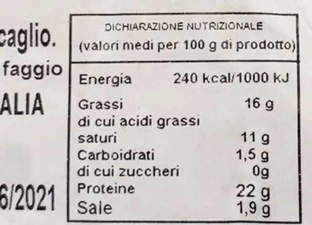 Scamorza Affumicata nutrition facts table