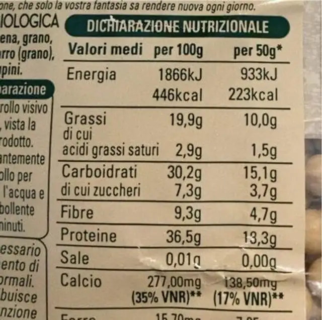Soia Gialla nutrition facts table