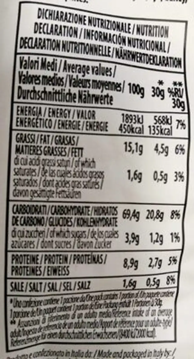 Bruschettine Naturali nutrition facts table
