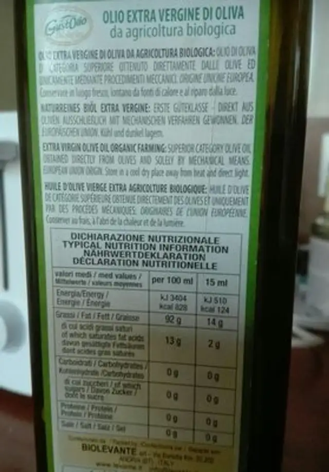 Olio Extra Vergine Di Oliva ingredients label