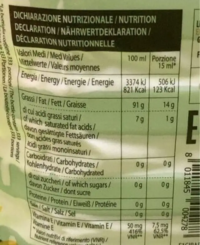Olio di semi di girasole nutrition facts table