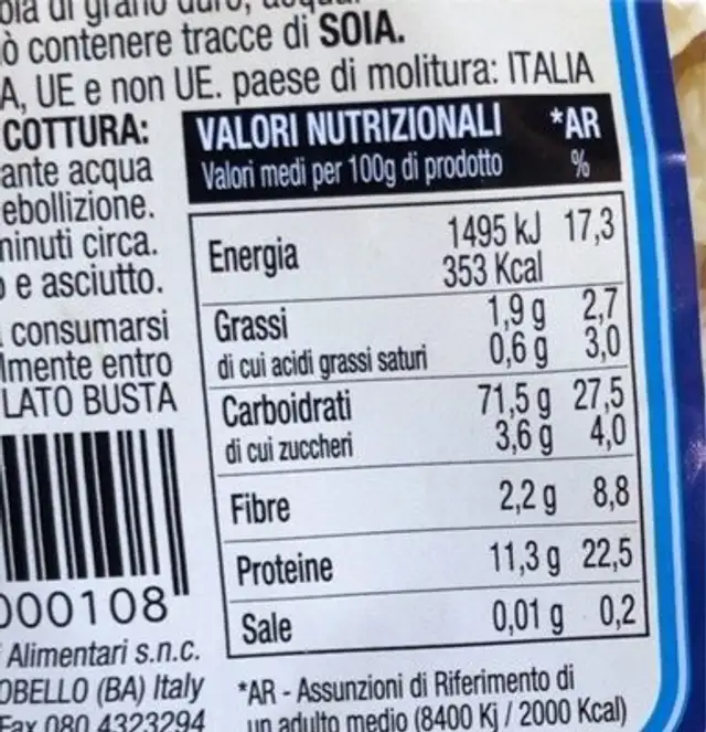 Orecchiette nutrition facts table