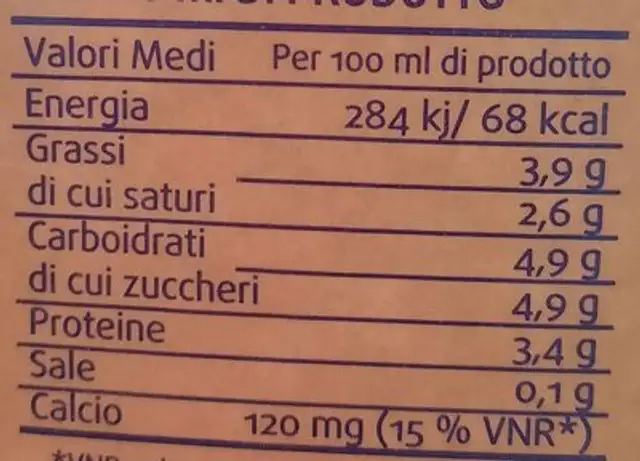 Il latte del parco nutrition facts table