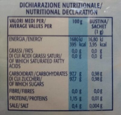 Dolcificante nutrition facts table