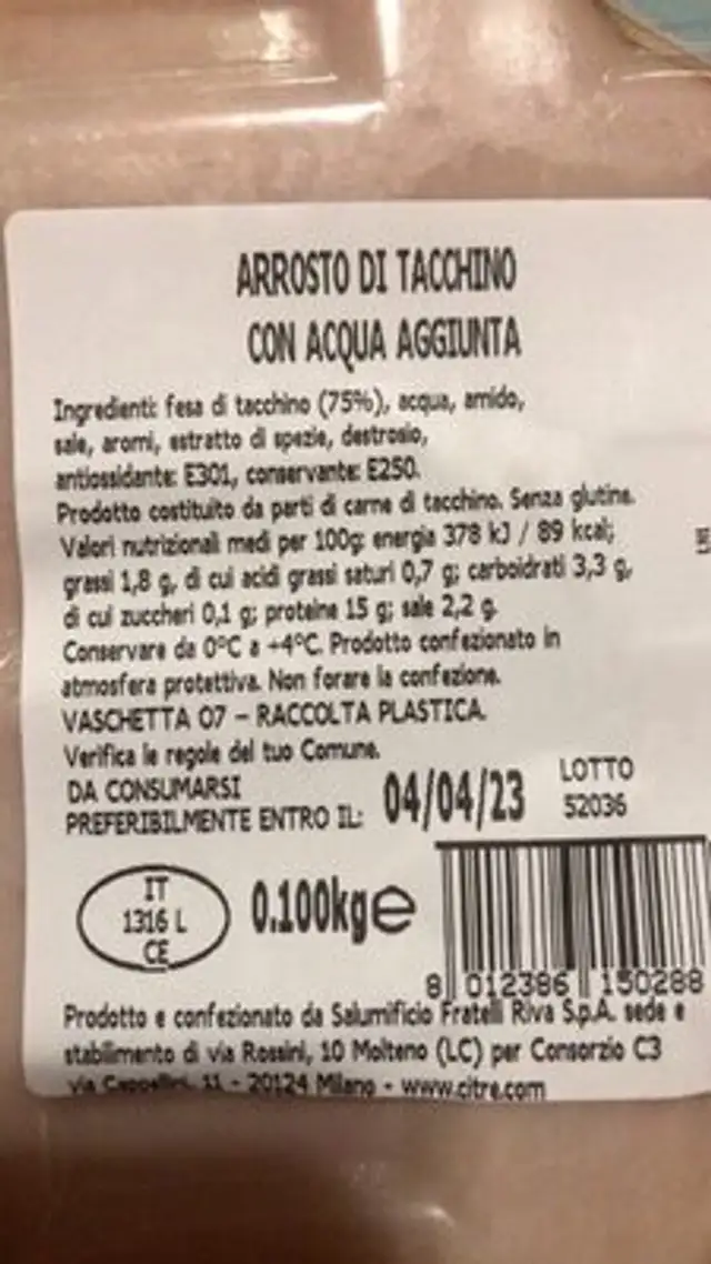 Arrosto di tacchino con acqua aggiunta nutrition facts table