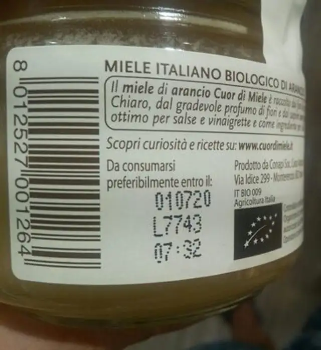 Miele di arancio ingredients label