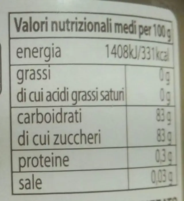 Miele di arancio nutrition facts table