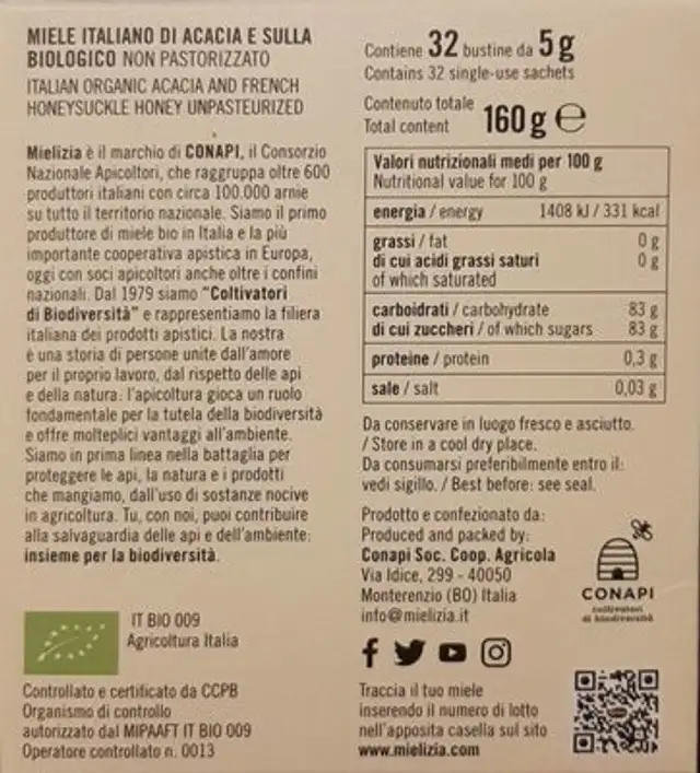 Miele di Acacia e Sulla non pastorizzato nutrition facts table