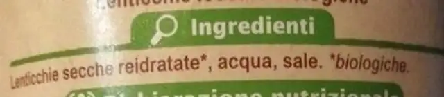 Lenticchie Bio ingredients label