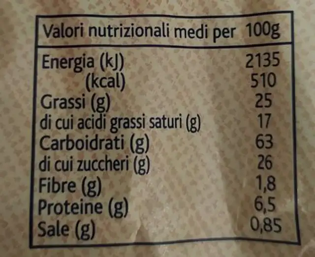 Paste di Meliga nutrition facts table