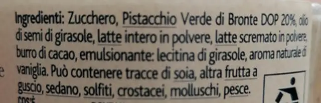 Crema con pistacchio ingredients label