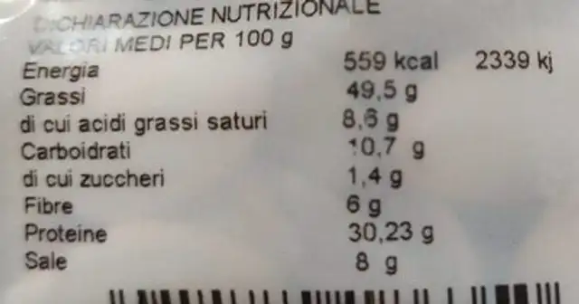 Semi di zucca nutrition facts table
