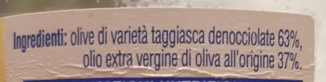 Oliva taggiasca denocciolata ingredients label