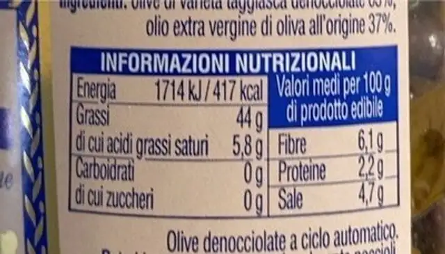 Oliva taggiasca denocciolata nutrition facts table