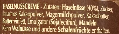 Haselnusscreme mit 40% Haselnüssen ingredients label