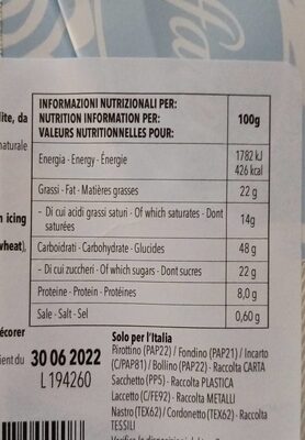 Colomba paradiso nutrition facts table