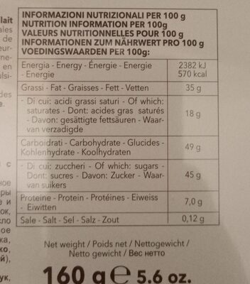 Caffarel Vie del Cacao nutrition facts table