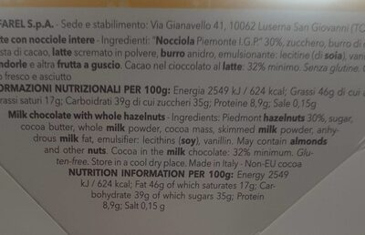 Caffarel LATTEcon nocciole intere nutrition facts table