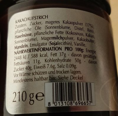 Kakaocreme noir ingredients label