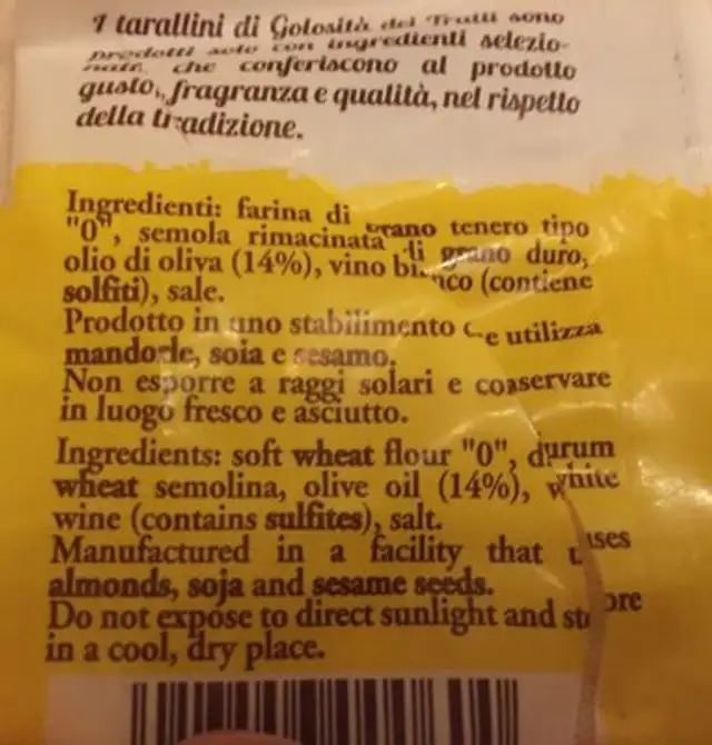 Tarallini ingredients label