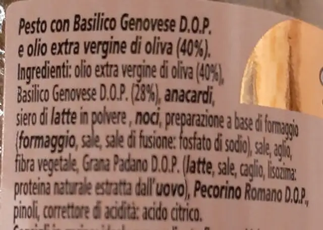 Pesto alla Genovese ingredients label