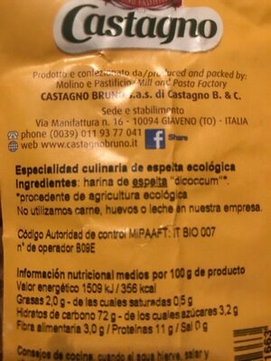 Castagno bio de espelta eco ingredients label