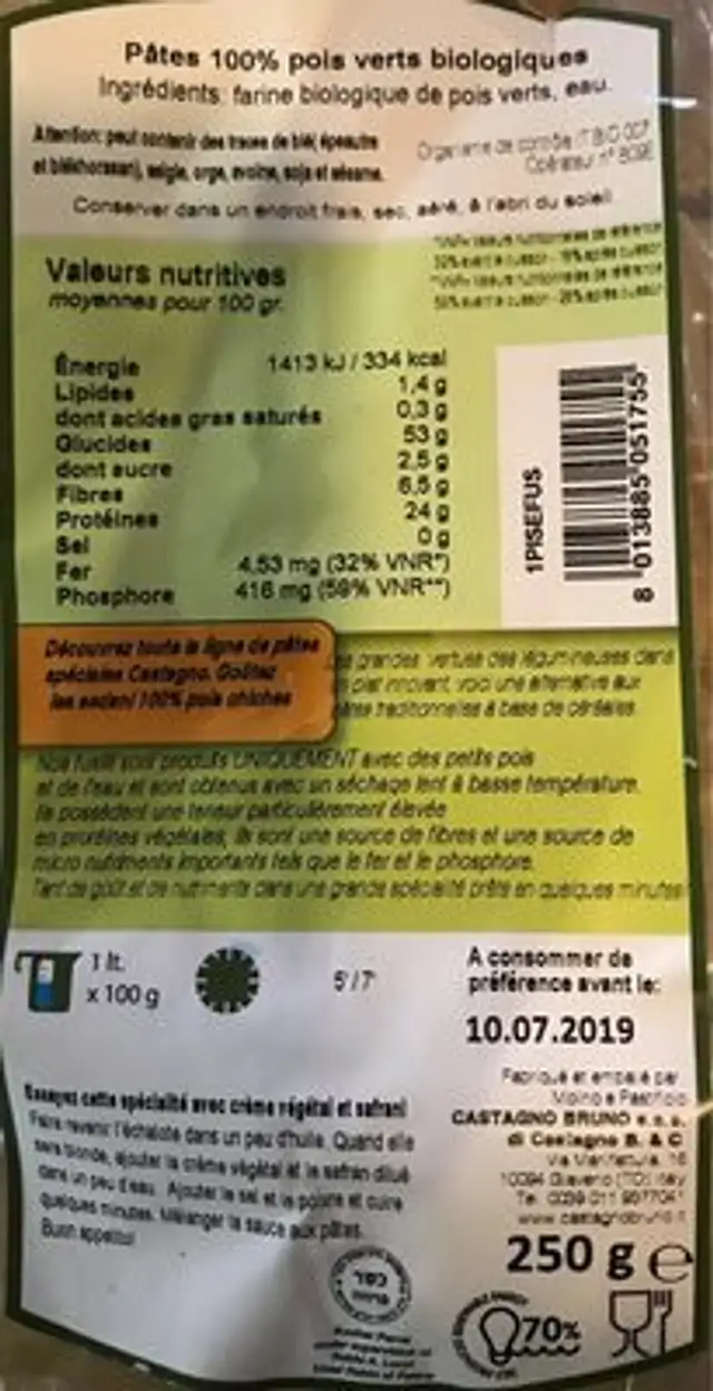 Espirales de guisante nutrition facts table