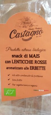 Snack di mais e lenticchie front packaging