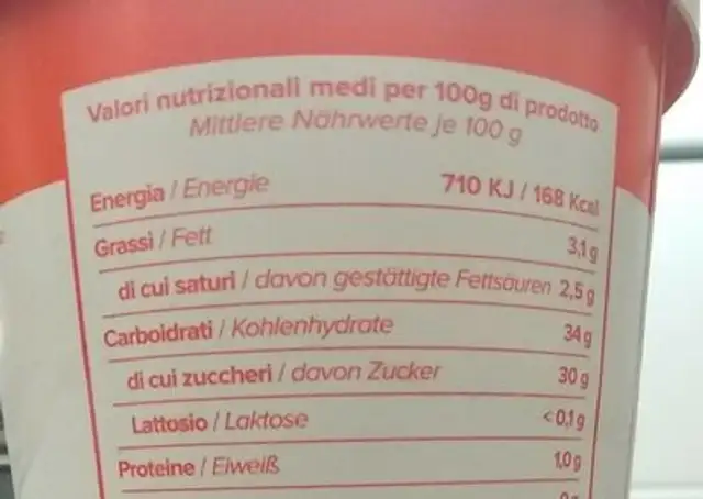 Gelato senza lattosio nutrition facts table