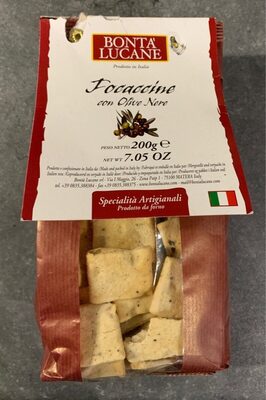 Focaccine with black olives rustic crackers front packaging