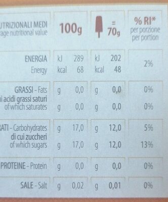 Gusto e fantasia nutrition facts table