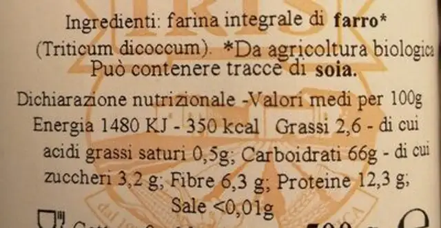 Pennette integrali di Farro nutrition facts table