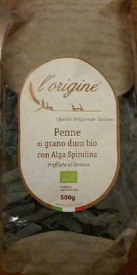 Penne di grano duro bio con alga spirulina front packaging