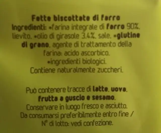 Fette Biscottate di FARRO integrsle ingredients label